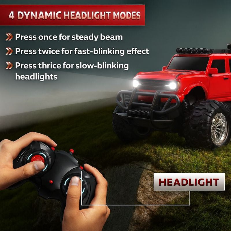 Kidara Remote Control Monster Truck | Rechargeable RC Car with 4 Headlight Modes (Red)