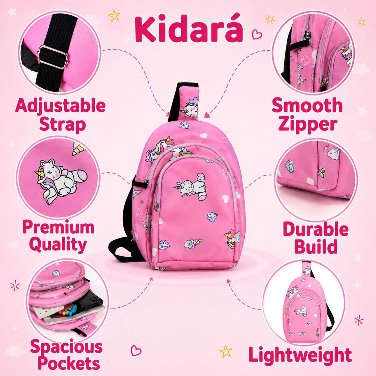 Kidara Unicorn Chest Kids Sling Bag (Pink)