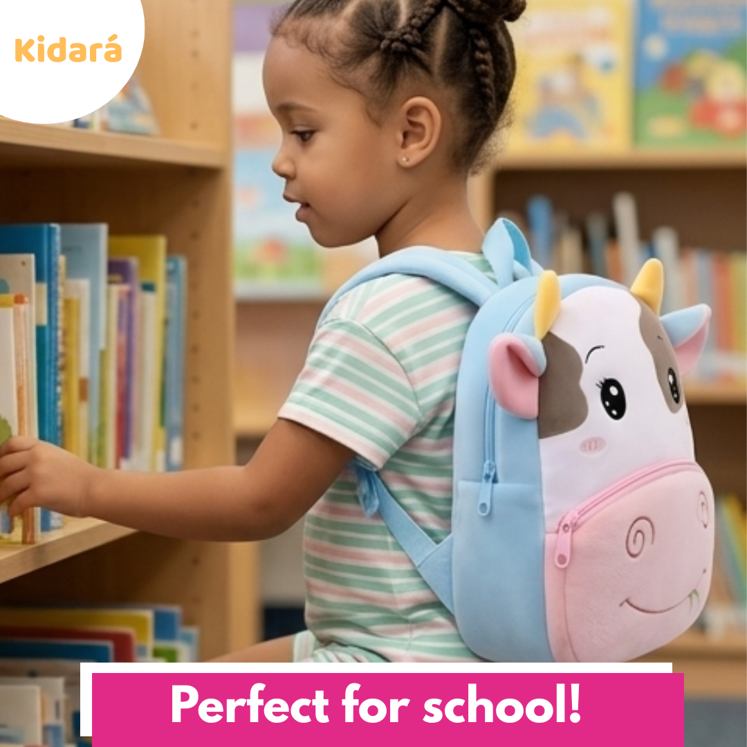 Kidara Preschool Soft Plush Cow Backpack for Toddlers (1-5 Years) – Mini Travel Full Embroidery Bag