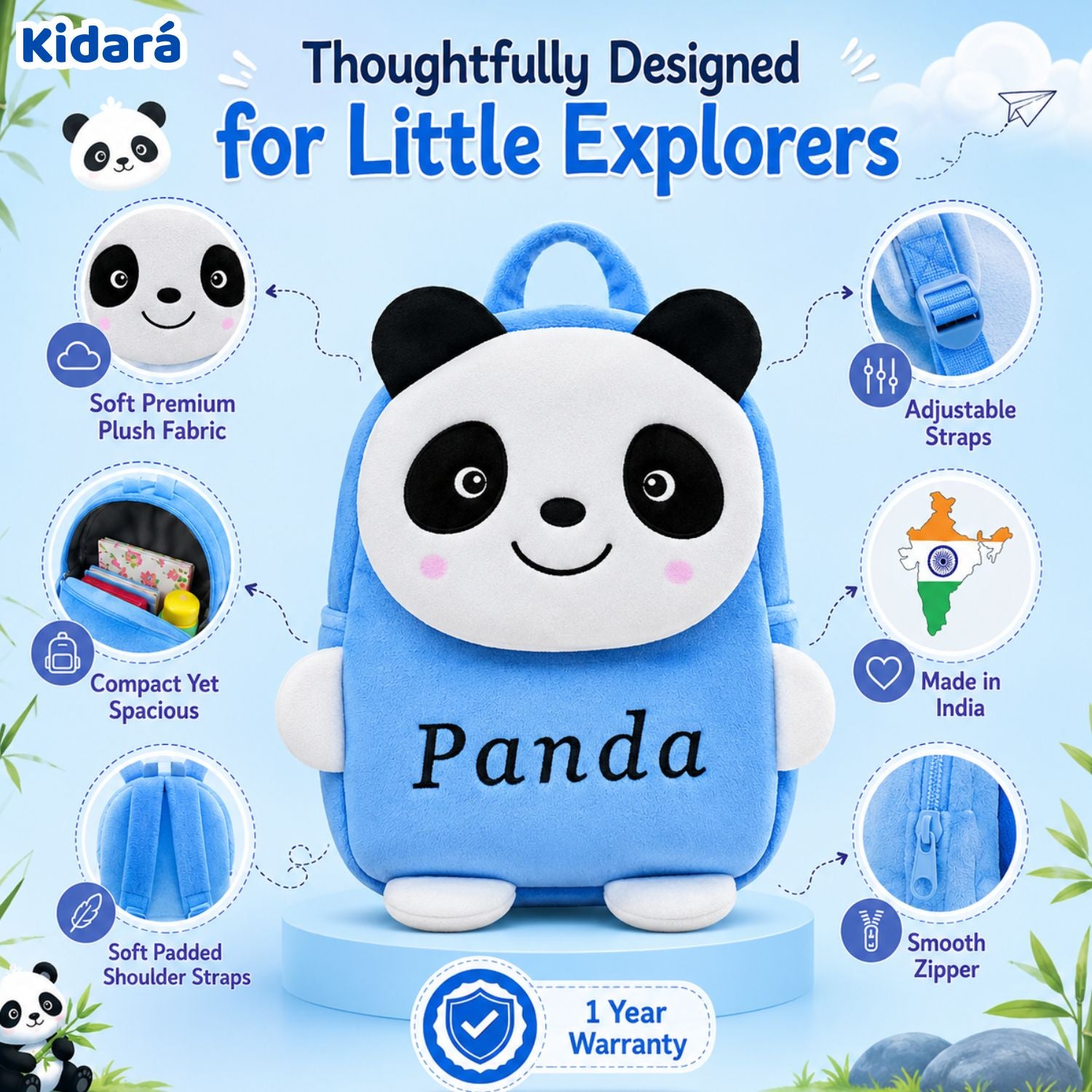 Kidara Happy Panda Plush Kids Backpack (Blue)