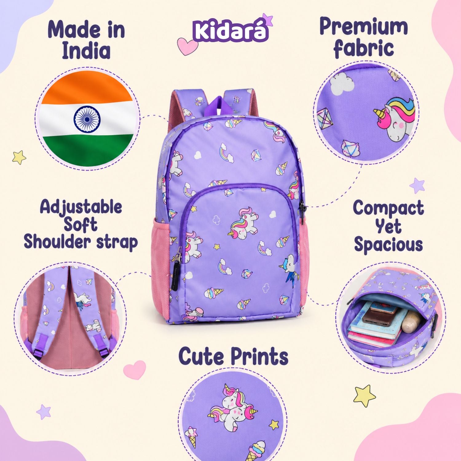 Kidara Unicorn Polyester Kids Backpack (Purple)
