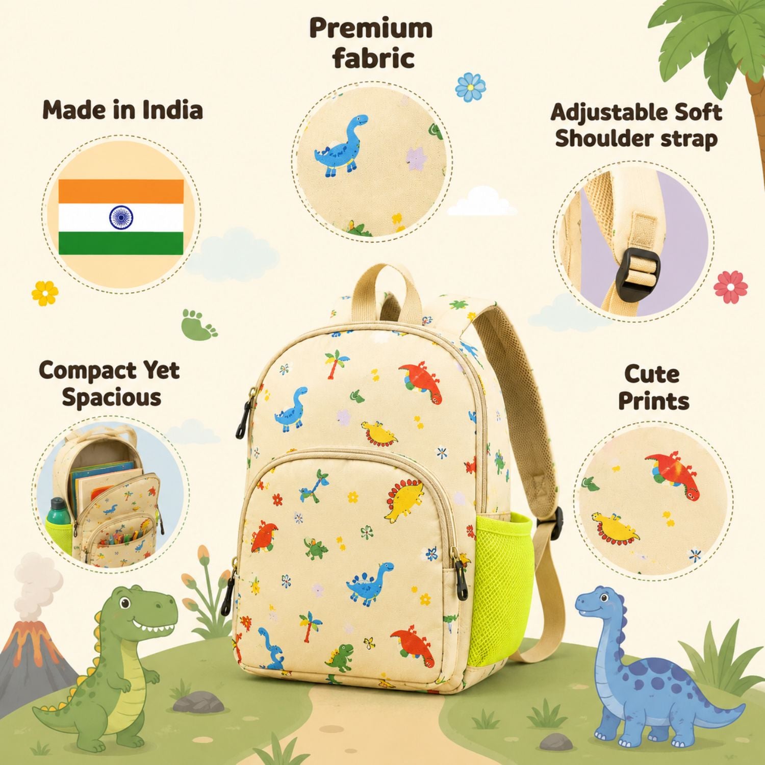 Kidara Soft Dinosaur Polyester Kids Backpack (Yellow)