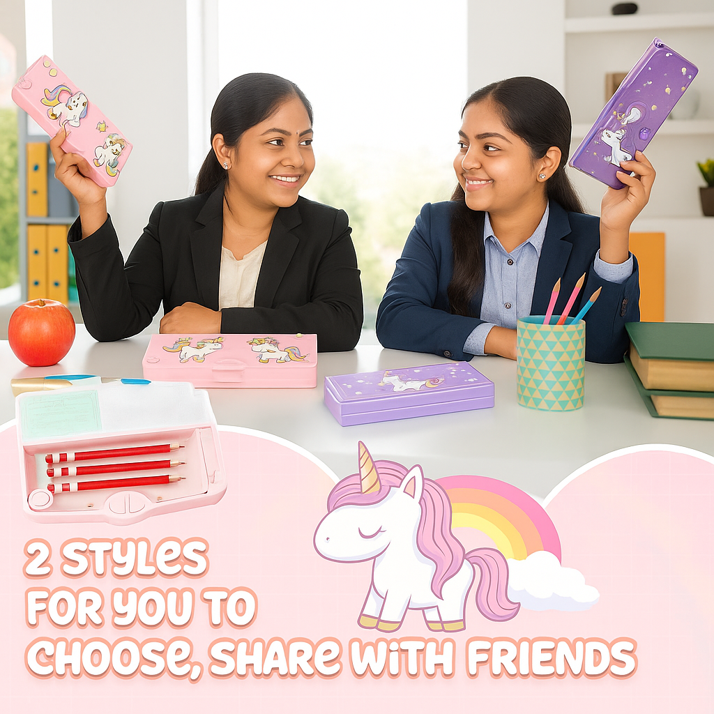 Kidara Magical Unicorn Dual-Compartment Magnetic Pencil Case – Soft Pink (Ages 4–12)