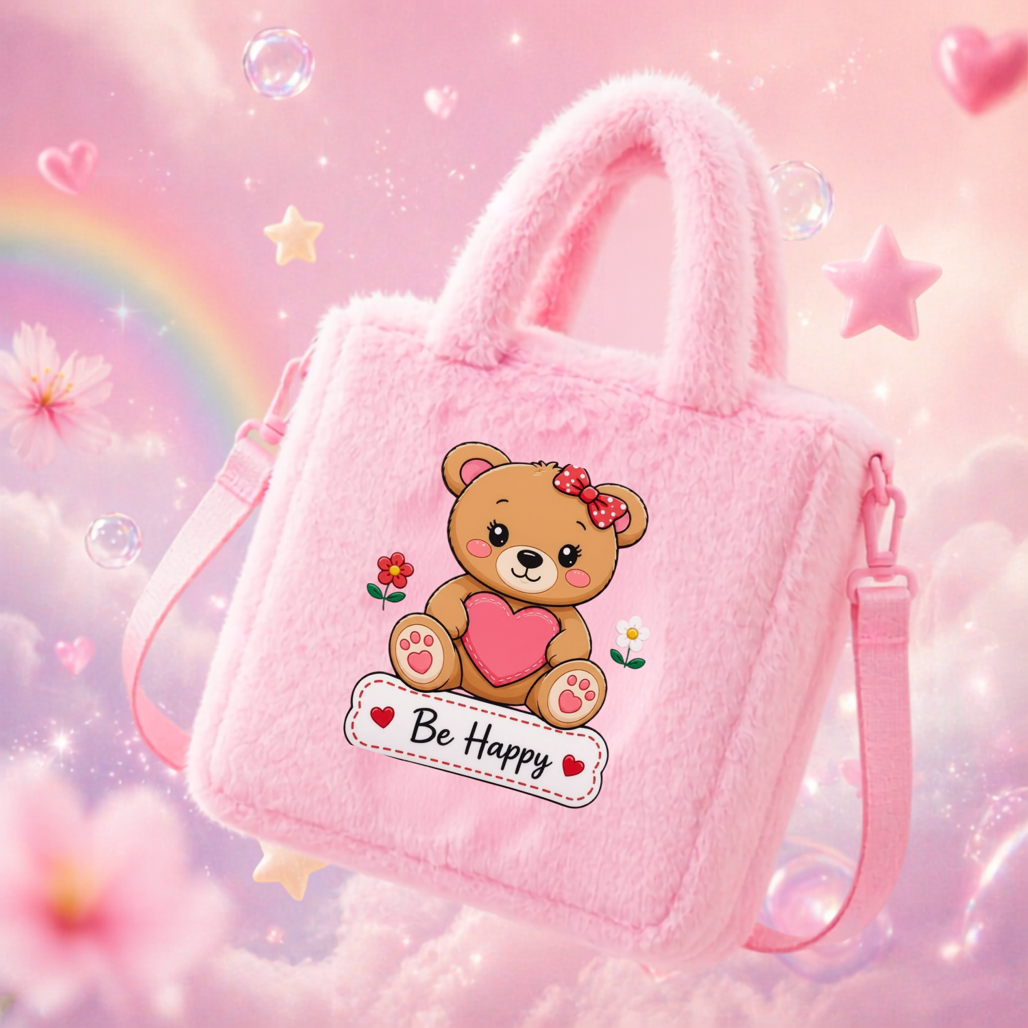 Kidara Be Happy Teddy Fur Kids Sling Bag (Pink)