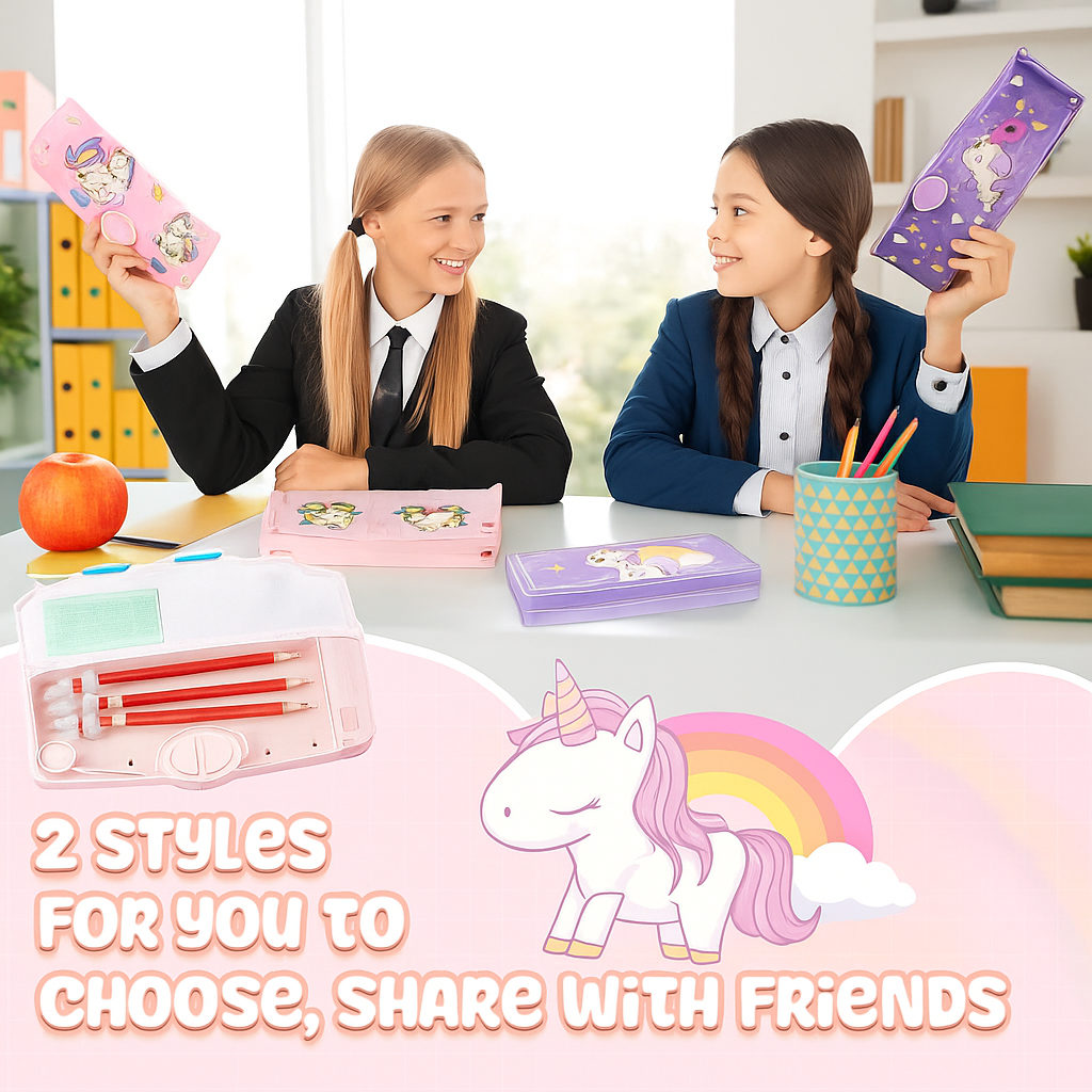 Kidara Magical Unicorn Dual-Compartment Magnetic Pencil Case – Soft Pink (Ages 4–12)