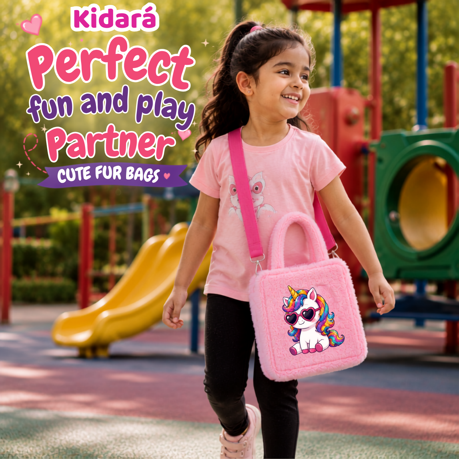 Kidara Cool Vibes Unicorn Fur Kids Sling Bag (Pink)