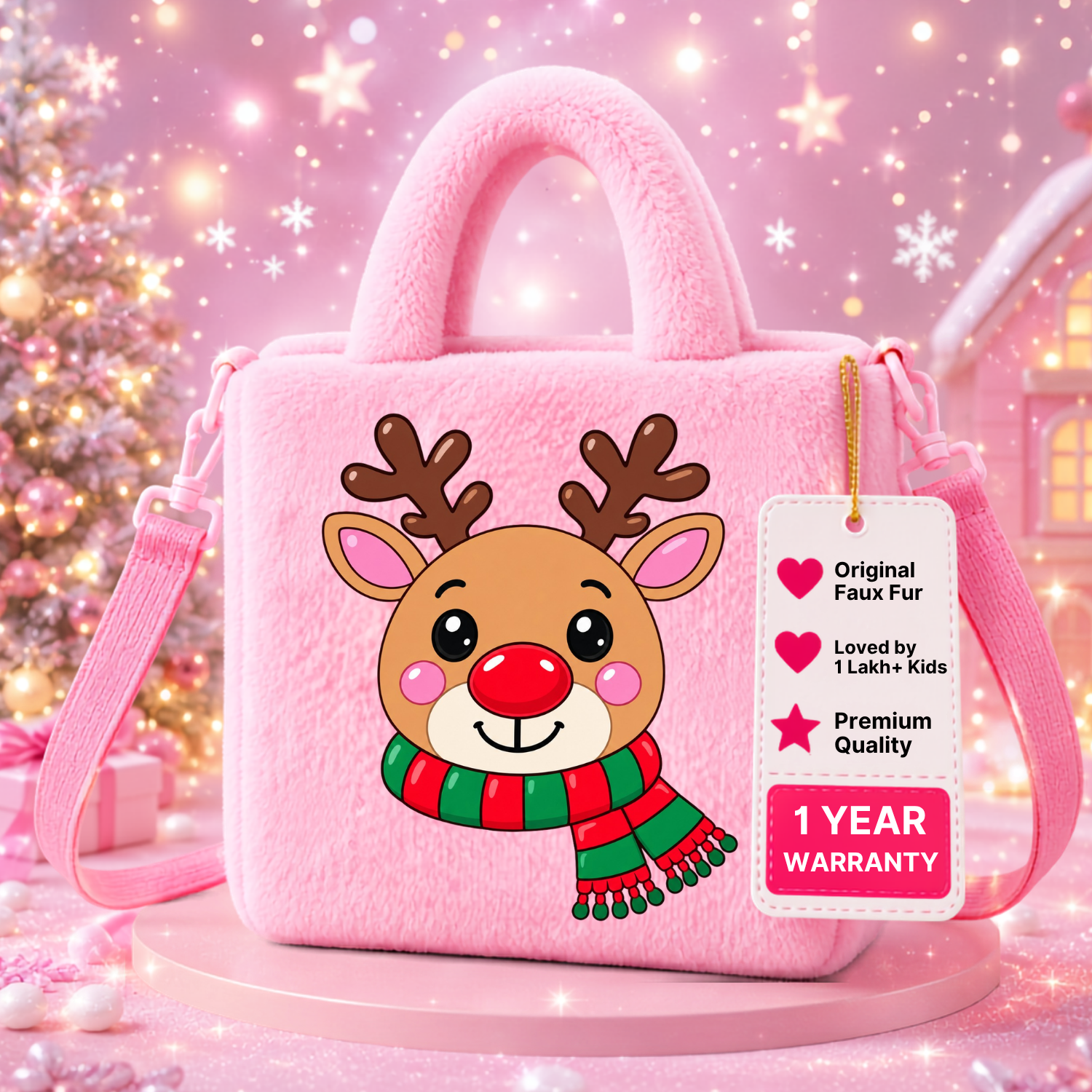 Kidara Christmas Rudolph Reindeer Fur Kids Sling Bag (Pink)