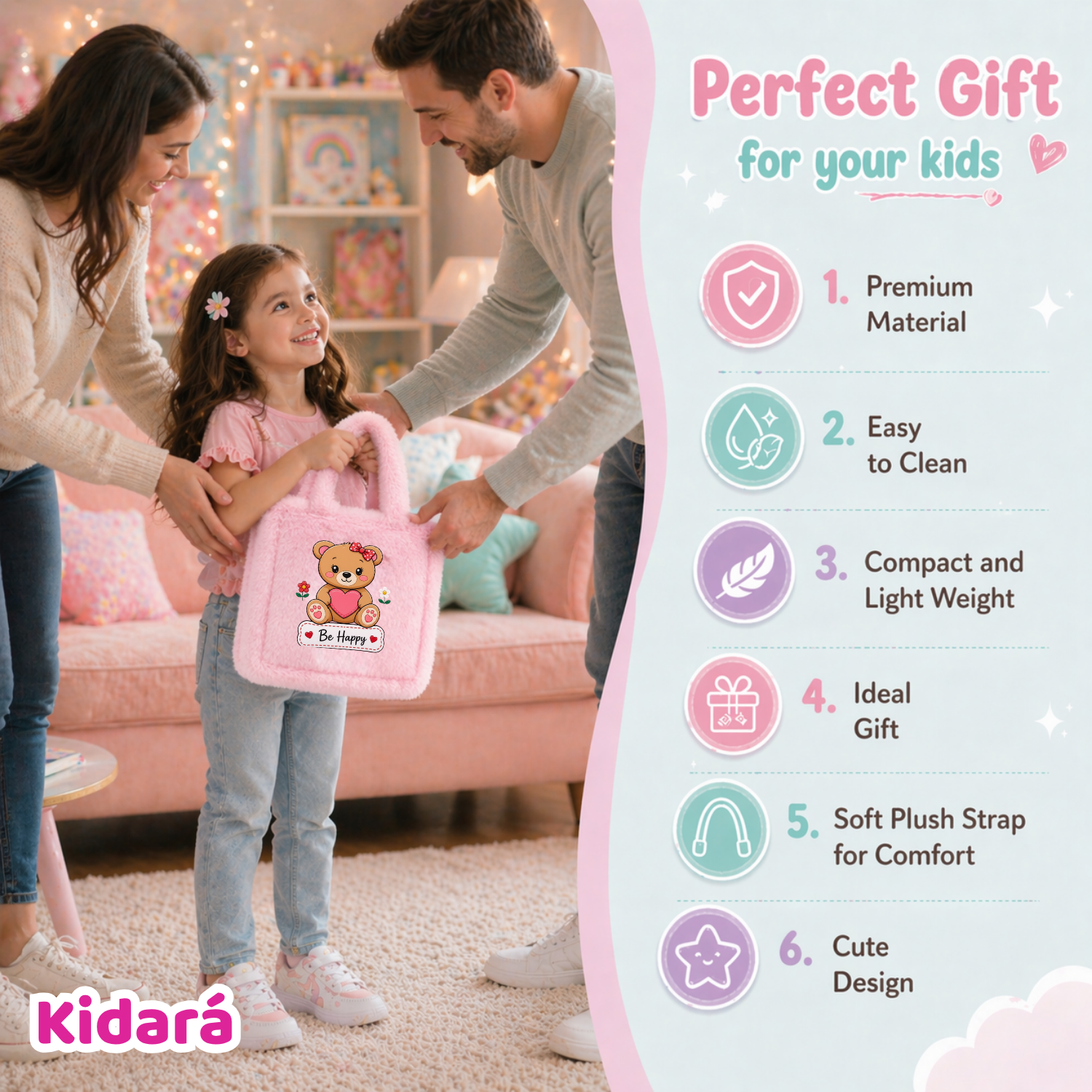 Kidara Be Happy Teddy Fur Kids Sling Bag (Pink)