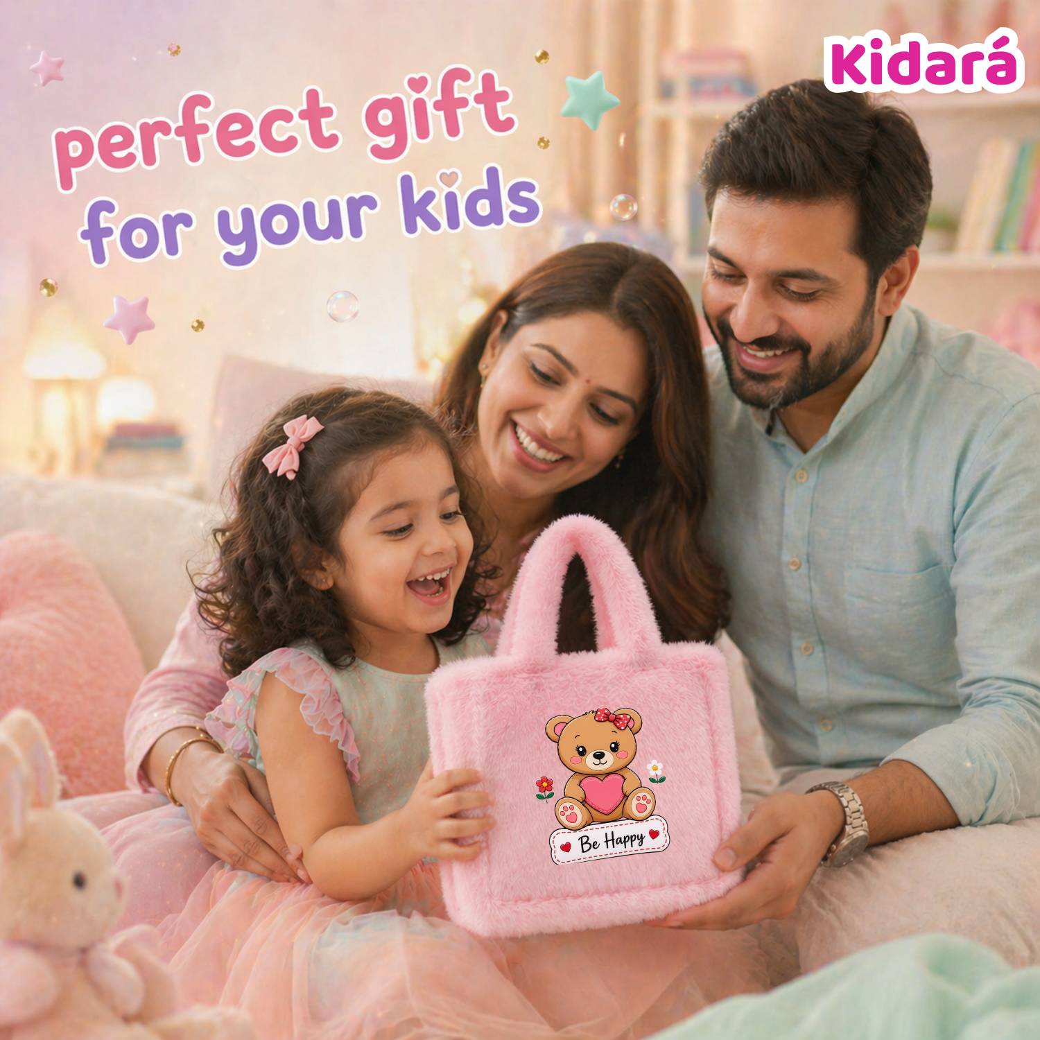 Kidara Be Happy Teddy Fur Kids Sling Bag (Pink)