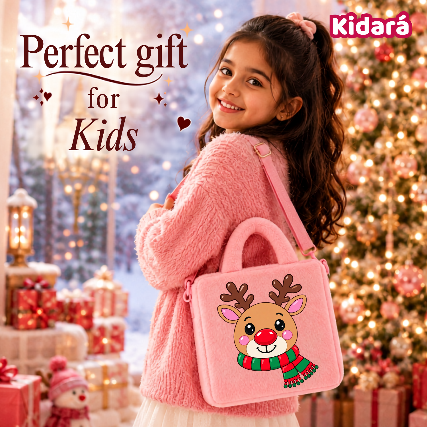 Kidara Christmas Rudolph Reindeer Fur Kids Sling Bag (Pink)
