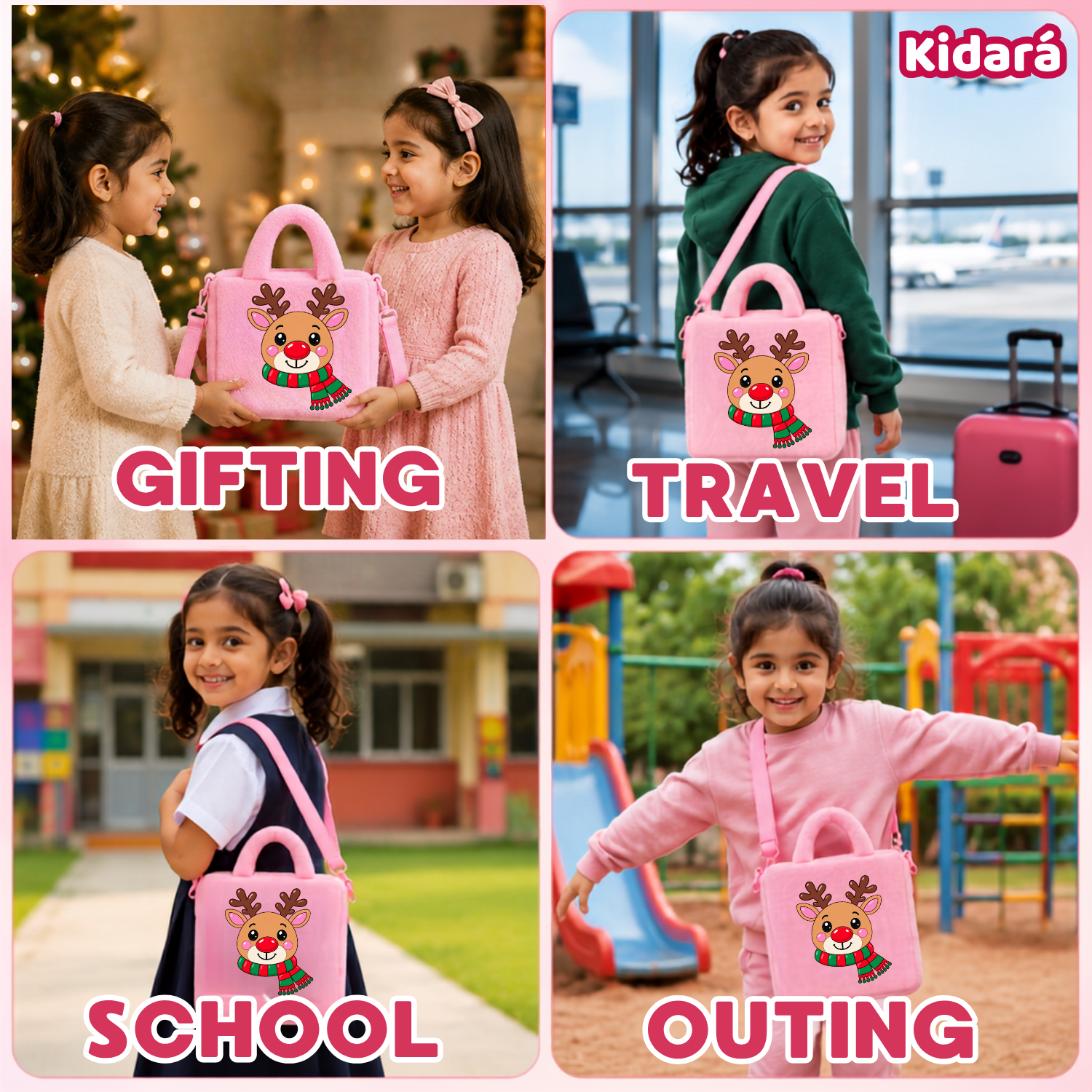 Kidara Christmas Rudolph Reindeer Fur Kids Sling Bag (Pink)