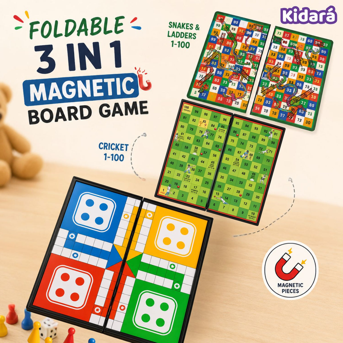 Kidara 3-In-1 Magentic Ludo, Snake N Ladder , Cricket Board Game for Kids