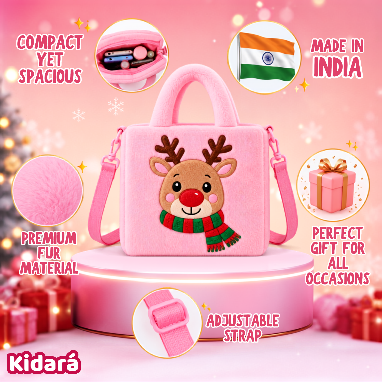 Kidara Christmas Rudolph Reindeer Fur Kids Sling Bag (Pink)