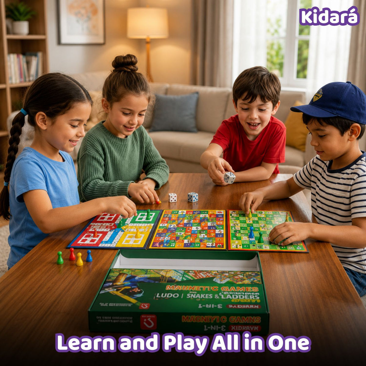 Kidara 3-In-1 Magentic Ludo, Snake N Ladder , Cricket Board Game for Kids