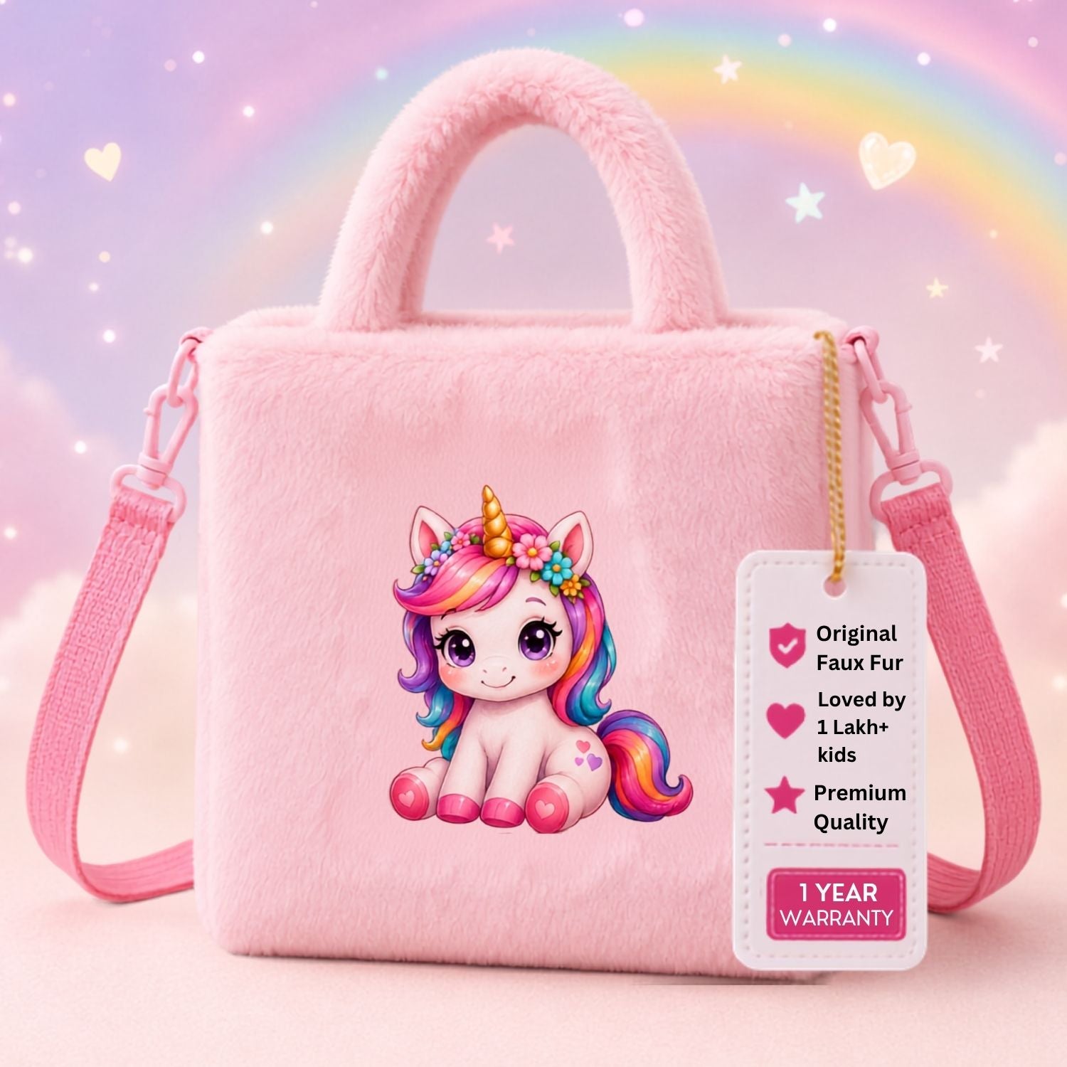 Kidara Fluffy Unicorn Fur Kids Sling Bag (Pink)