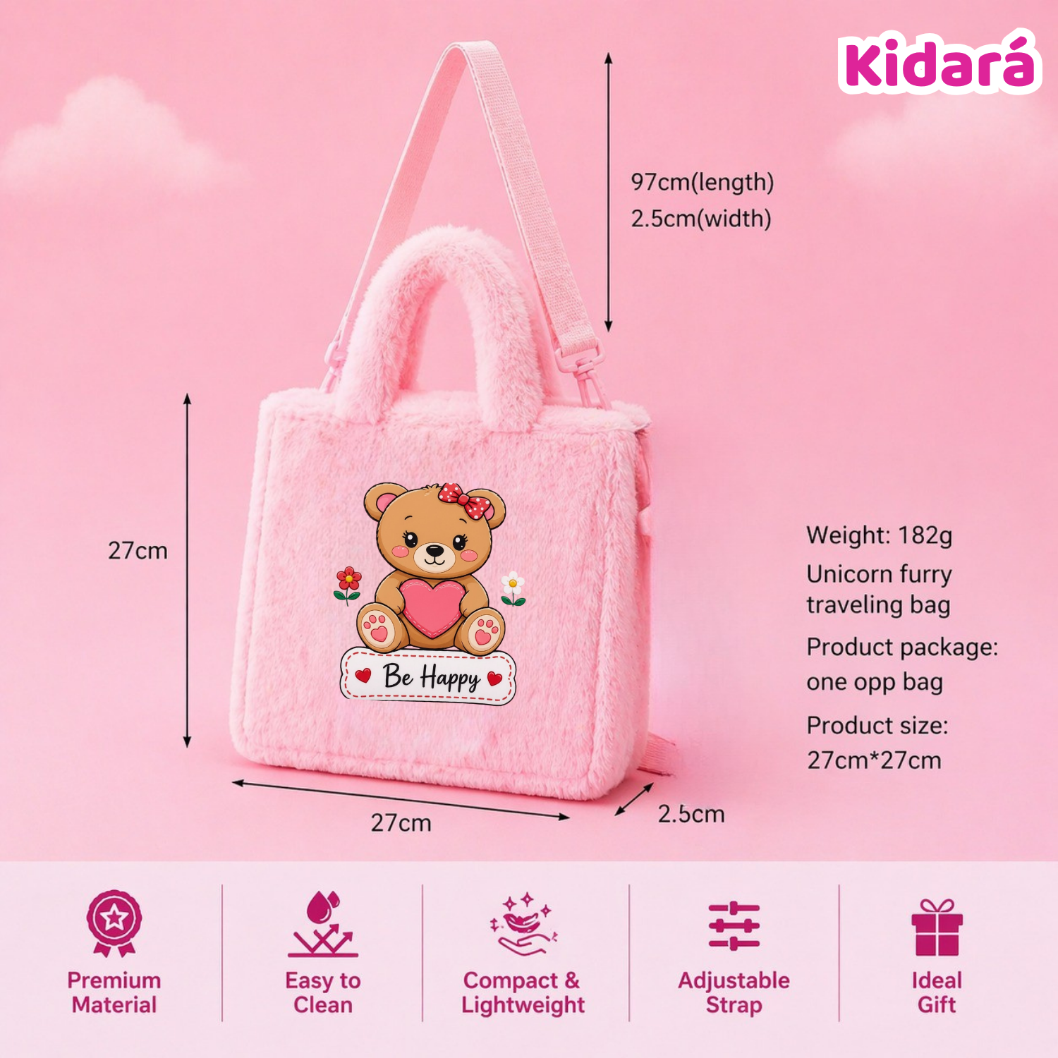 Kidara Be Happy Teddy Fur Kids Sling Bag (Pink)