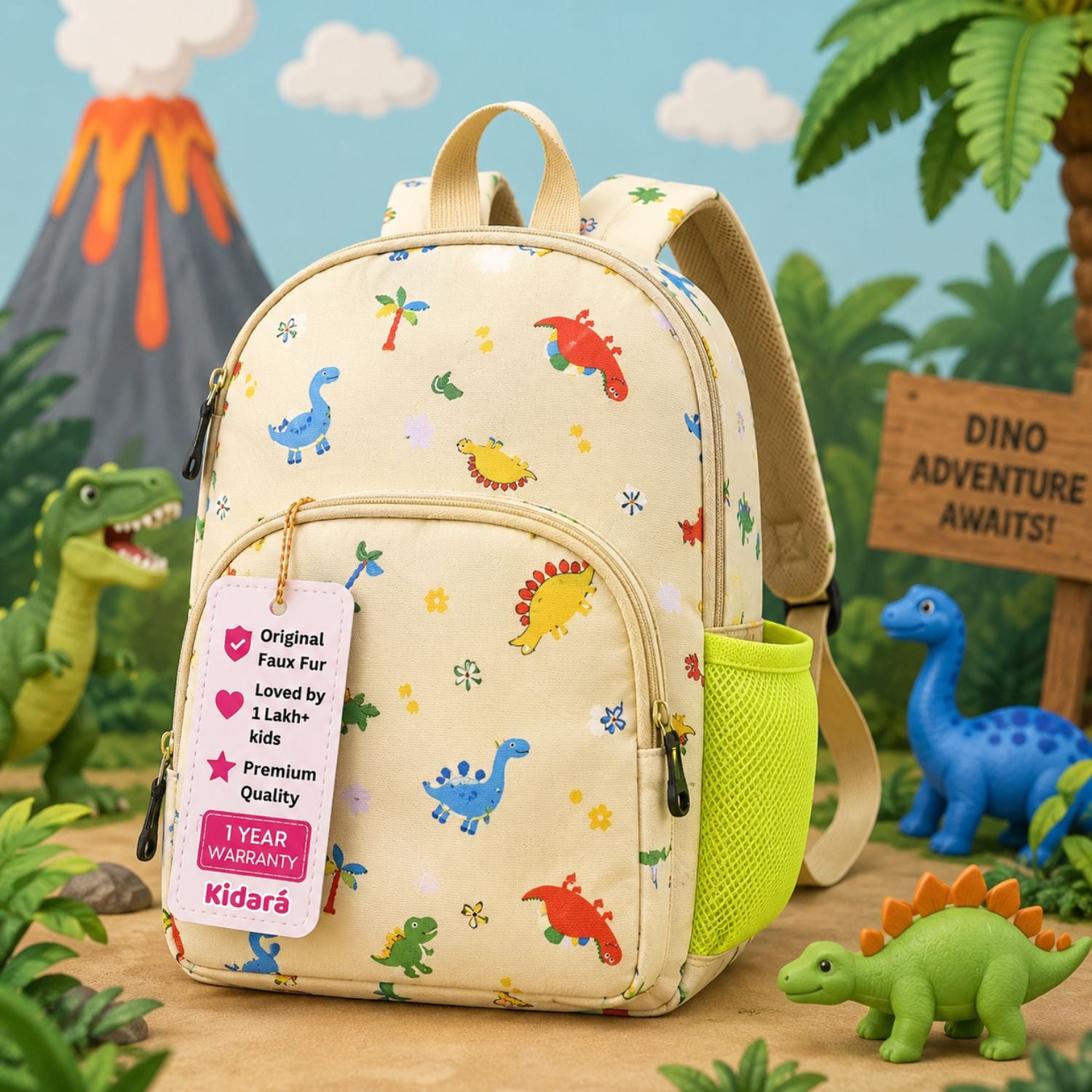 Kidara Soft Dinosaur Polyester Kids Backpack (Yellow)