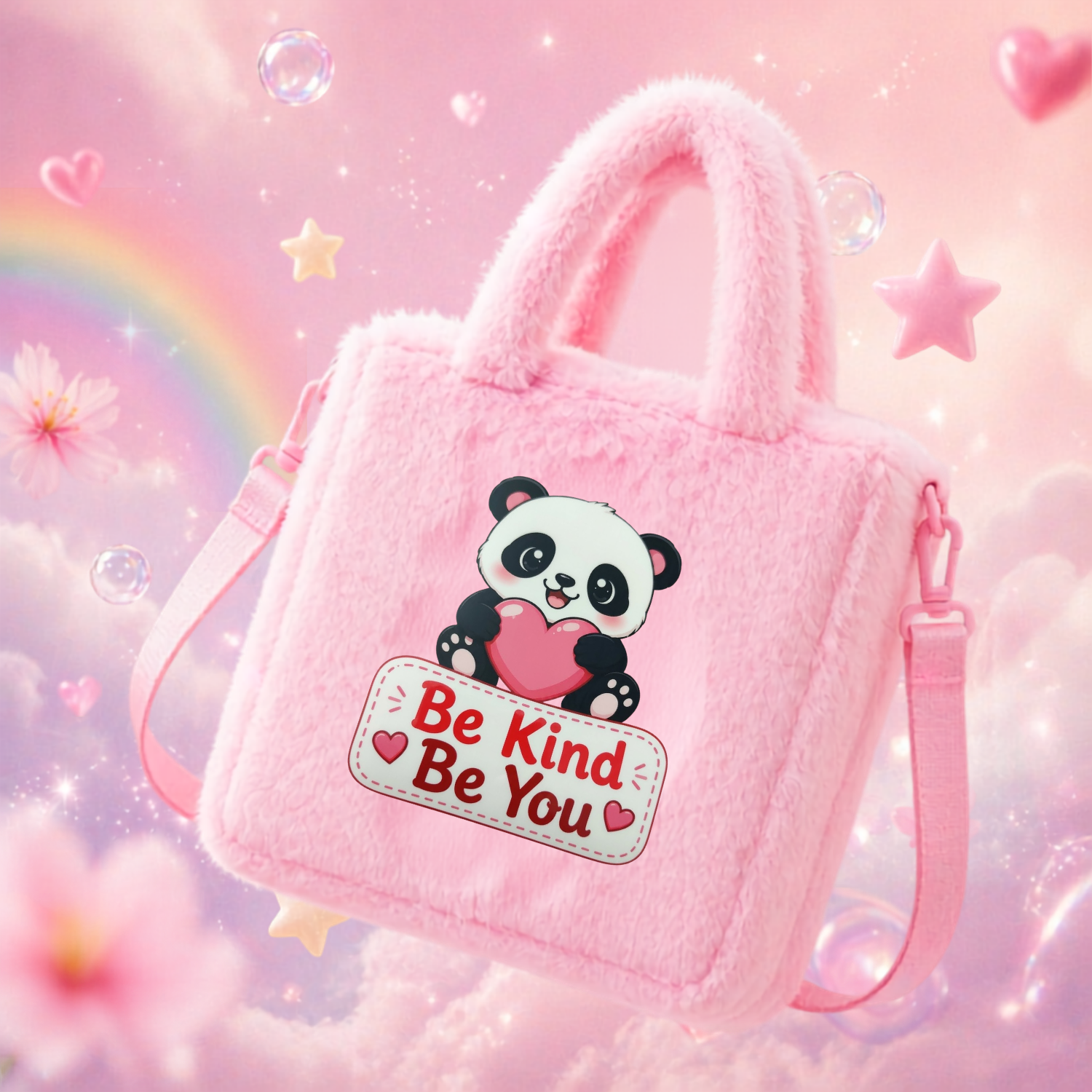 Kidara Sweet Heart Panda Fur Kids Sling Bag (Pink)