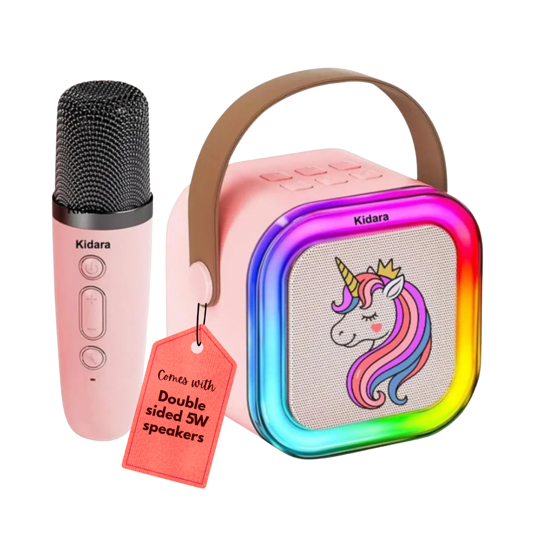 New Unicorn Themed Karaoke Speaker with Wireless Mic & LED Lights (Pink)