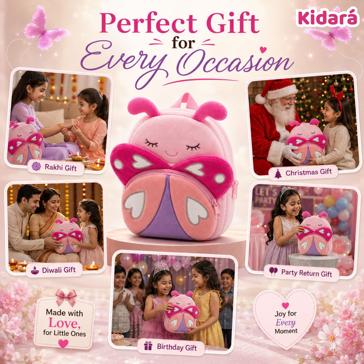 Kidara Rosy Butterfly Plush Kids Backpack (Pink)