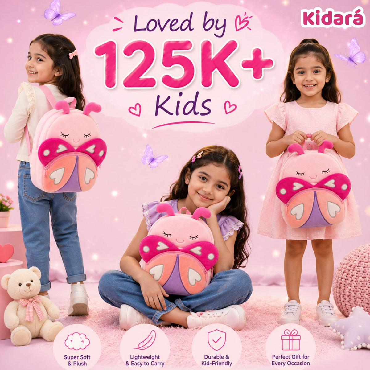 Kidara Rosy Butterfly Plush Kids Backpack (Pink)