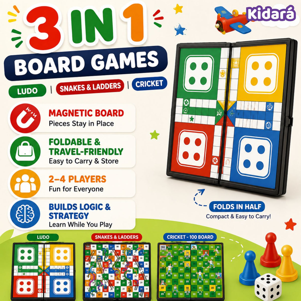 Kidara 3-In-1 Magentic Ludo, Snake N Ladder , Cricket Board Game for Kids