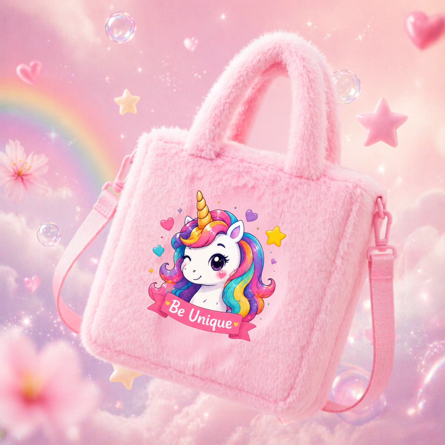 Kidara Heart Cheek Unicorn Fur Kids Sling Bag (Pink)