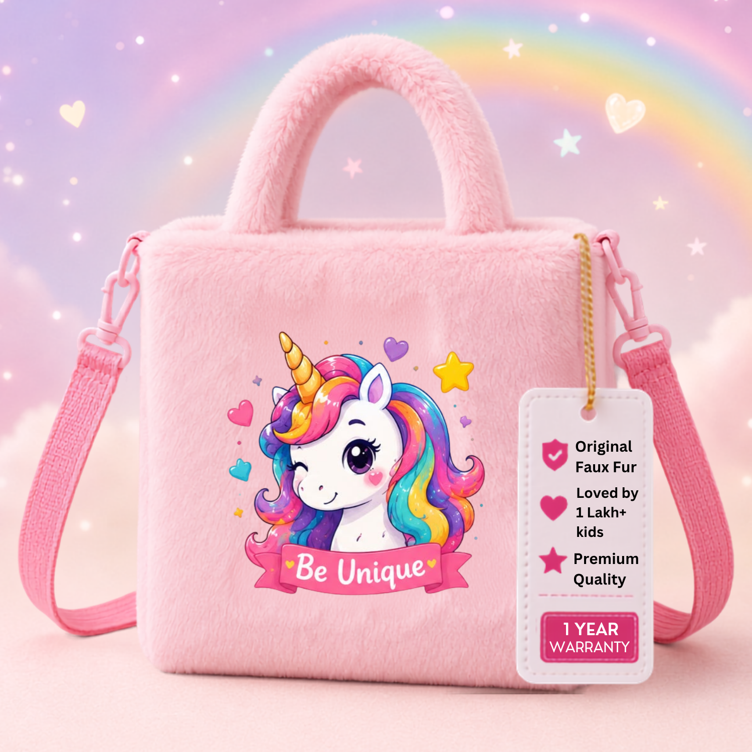 Kidara Heart Cheek Unicorn Fur Kids Sling Bag (Pink)