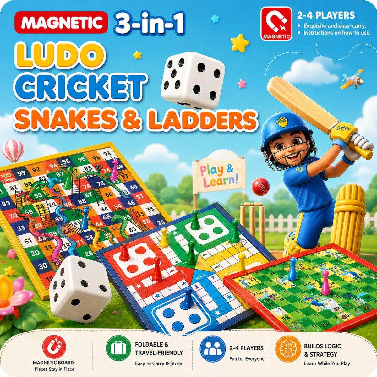 Kidara 3-In-1 Magentic Ludo, Snake N Ladder , Cricket Board Game for Kids