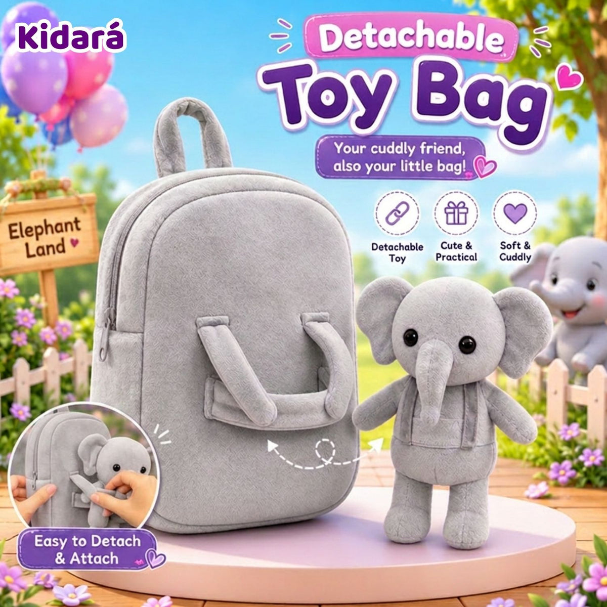 Kidara Detachable Elephant Plush Kids Backpack (Grey)