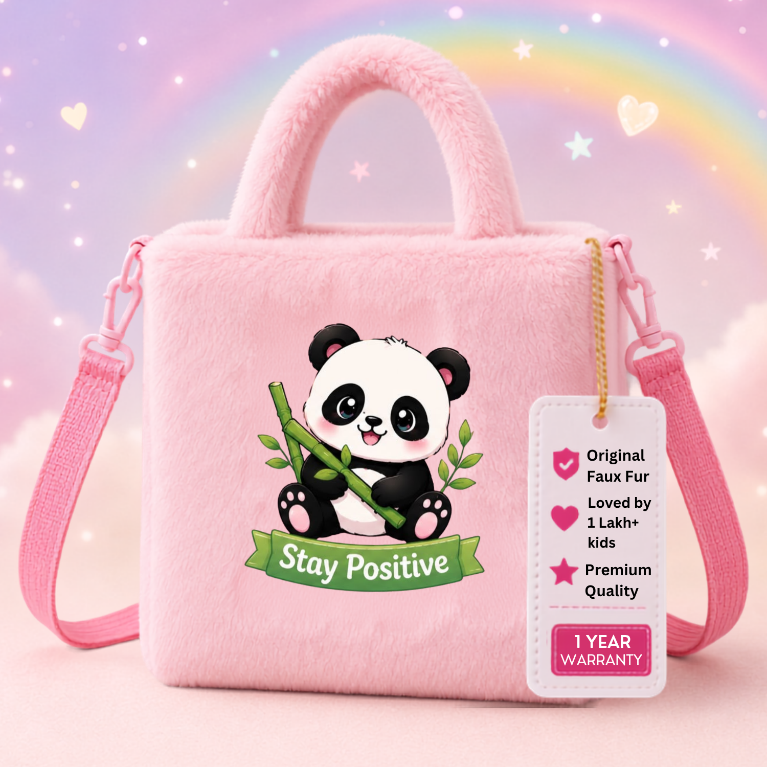 Kidara Stay Positive Panda Fur Kids Sling Bag (Pink)