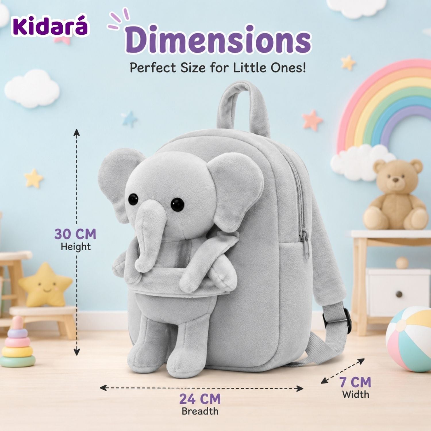 Kidara Detachable Elephant Plush Kids Backpack (Grey)