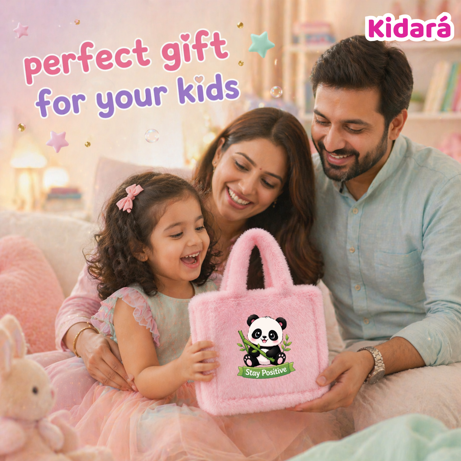 Kidara Stay Positive Panda Fur Kids Sling Bag (Pink)