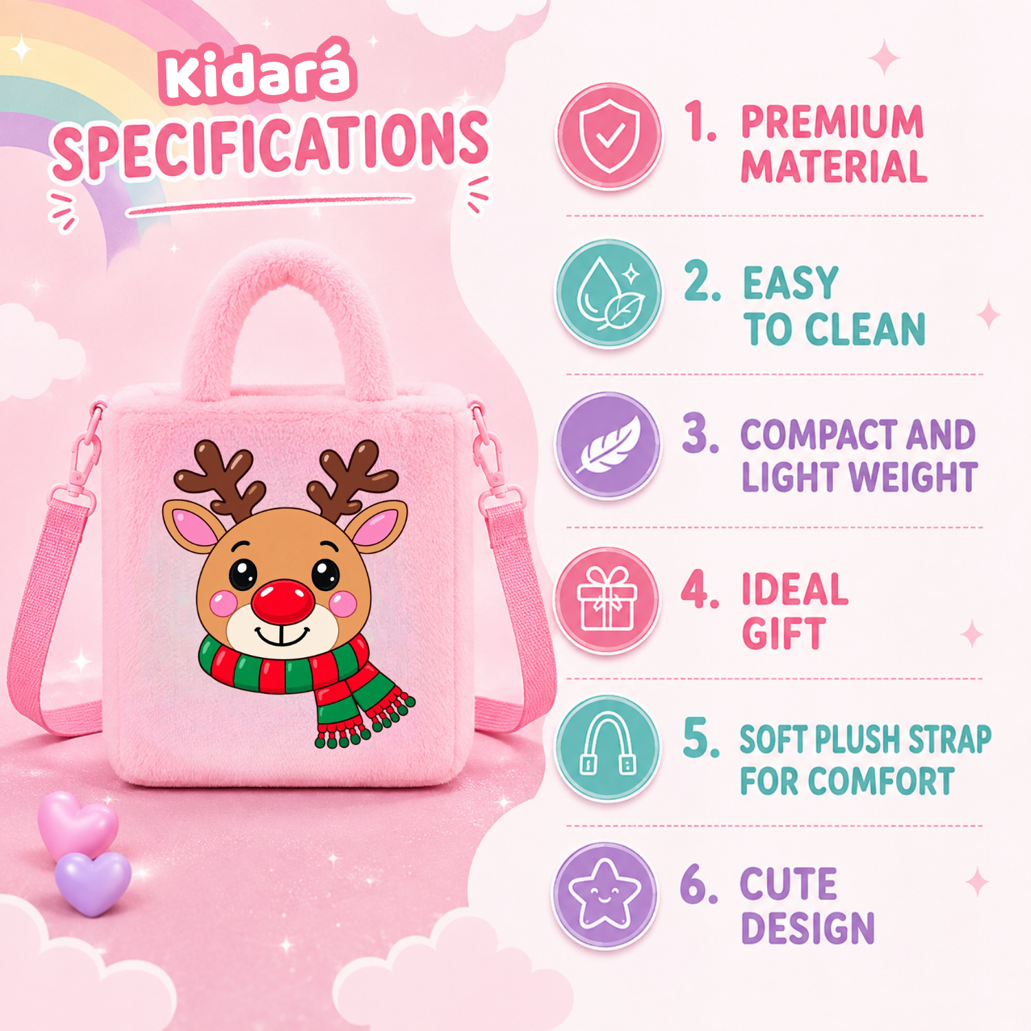 Kidara Christmas Rudolph Reindeer Fur Kids Sling Bag (Pink)