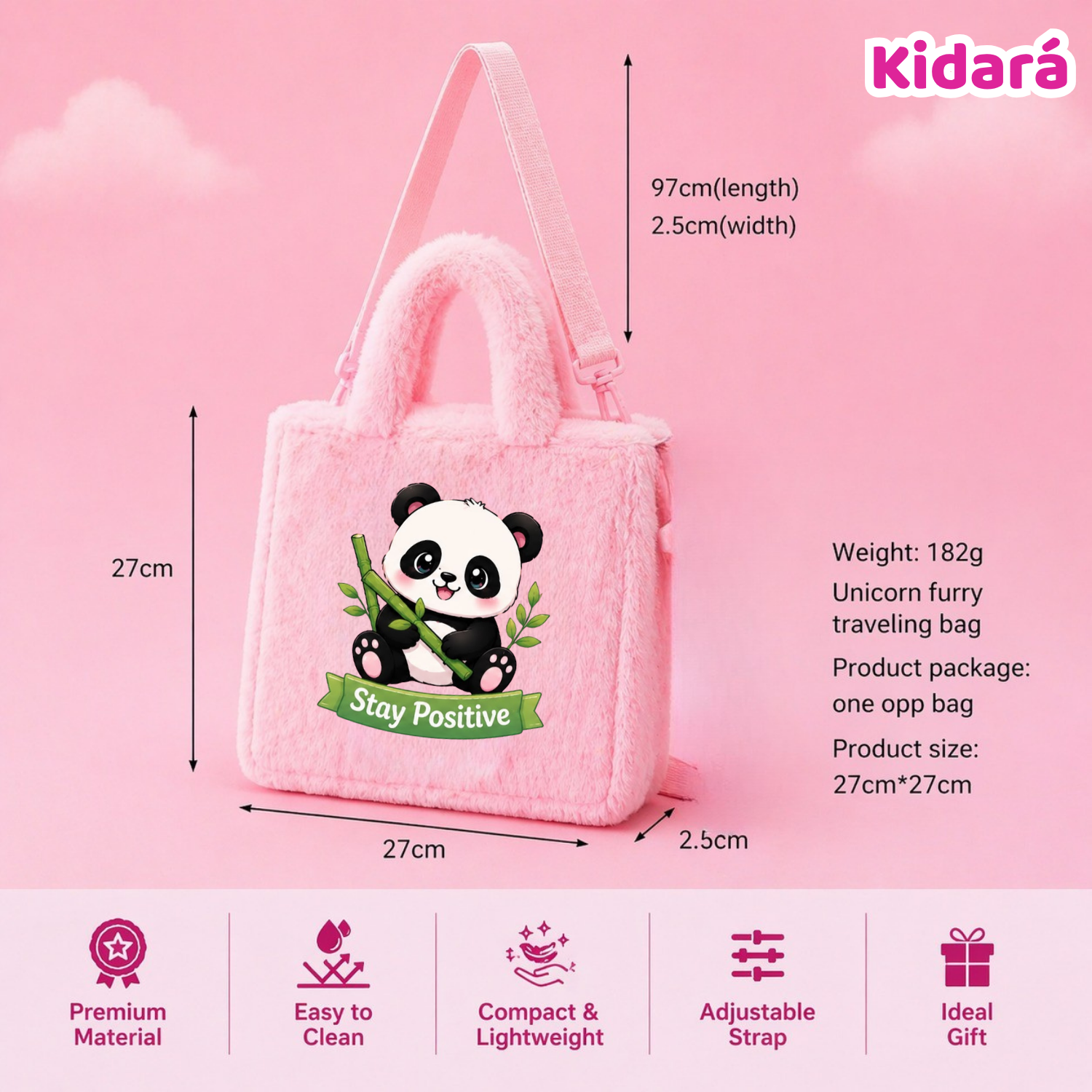 Kidara Stay Positive Panda Fur Kids Sling Bag (Pink)