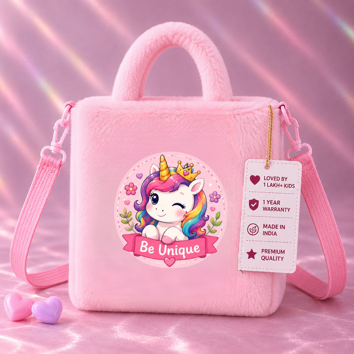 Kidara Winking Be Unique Unicorn Fur Kids Sling Bag (Pink)