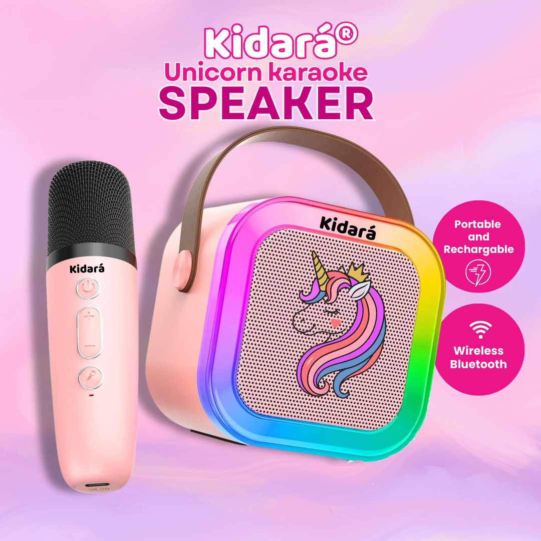 New Unicorn Themed Karaoke Speaker with Wireless Mic & LED Lights (Pink)