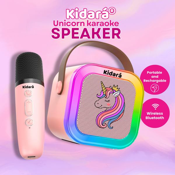 New Unicorn Themed Karaoke Speaker with Wireless Mic & LED Lights (Pink)