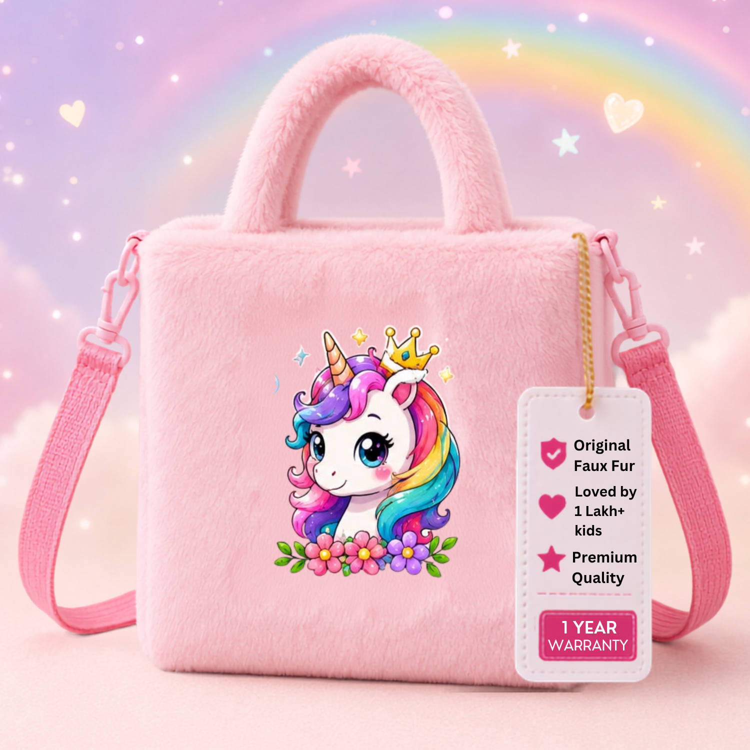 Kidara Royal Blossom Unicorn Fur Kids Sling Bag (Pink)