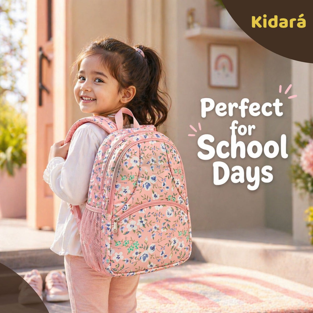 Kidara Kids Cute Floral Polyester School Bag (Peach)