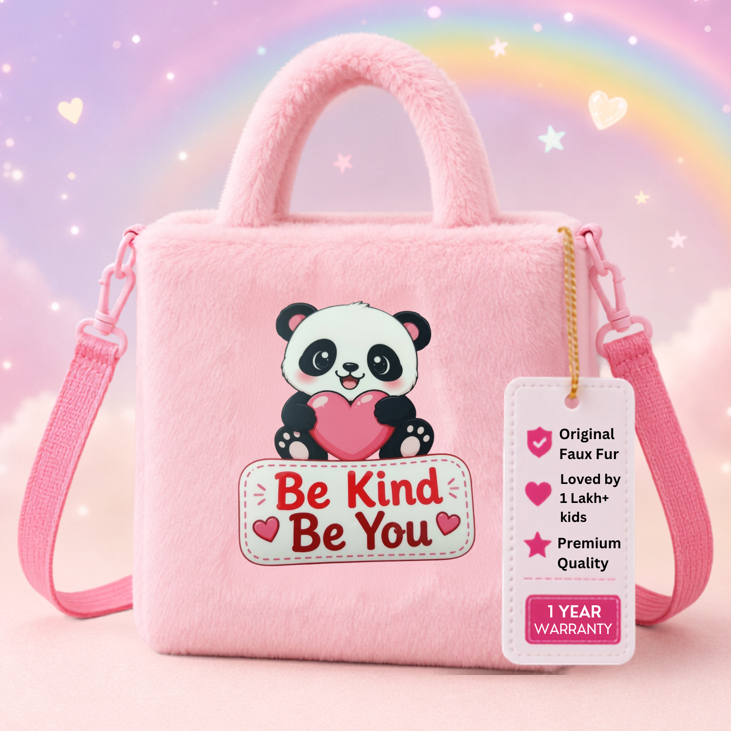 Kidara Sweet Heart Panda Fur Kids Sling Bag (Pink)