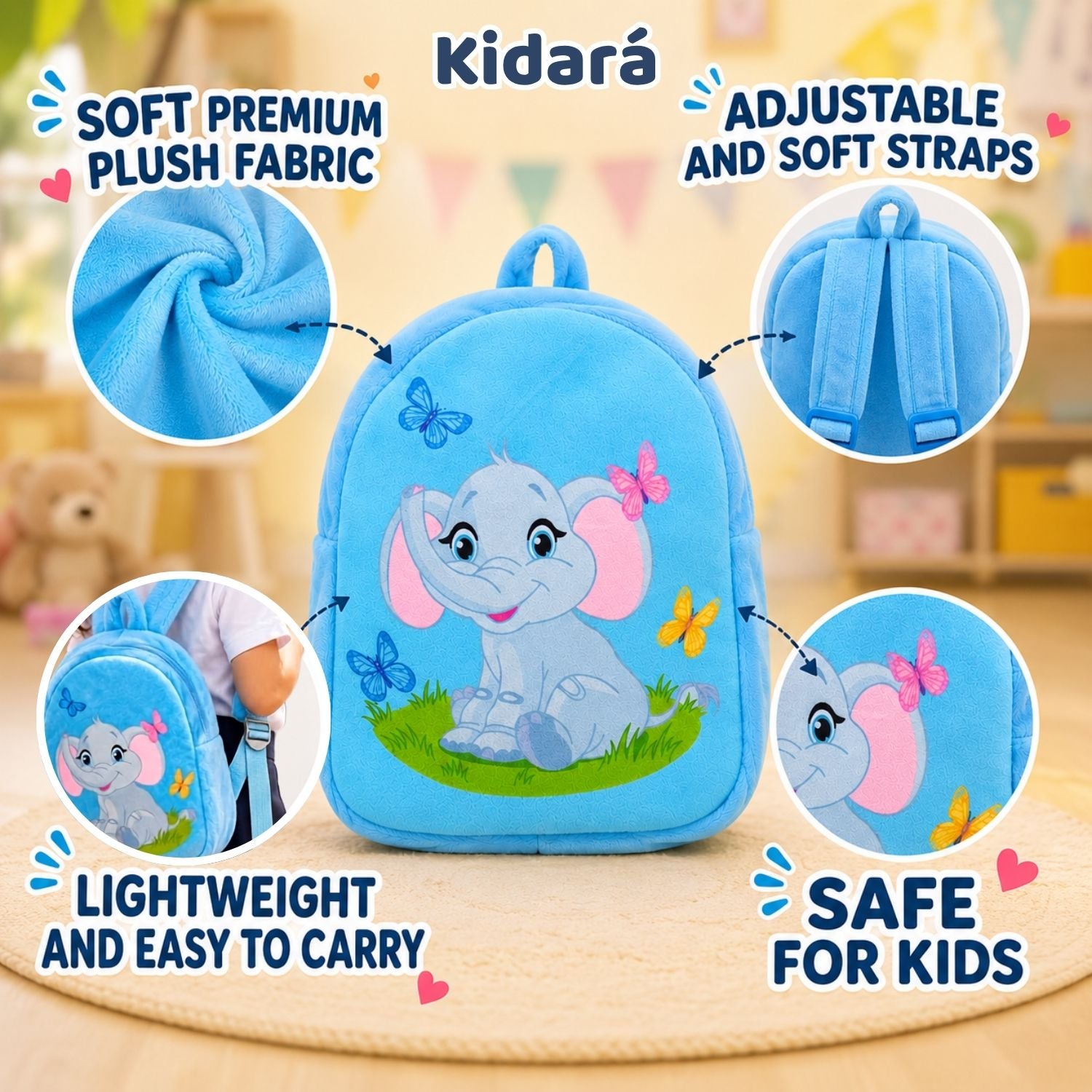Kidara Elephant Plush Kids Backpack (Blue)