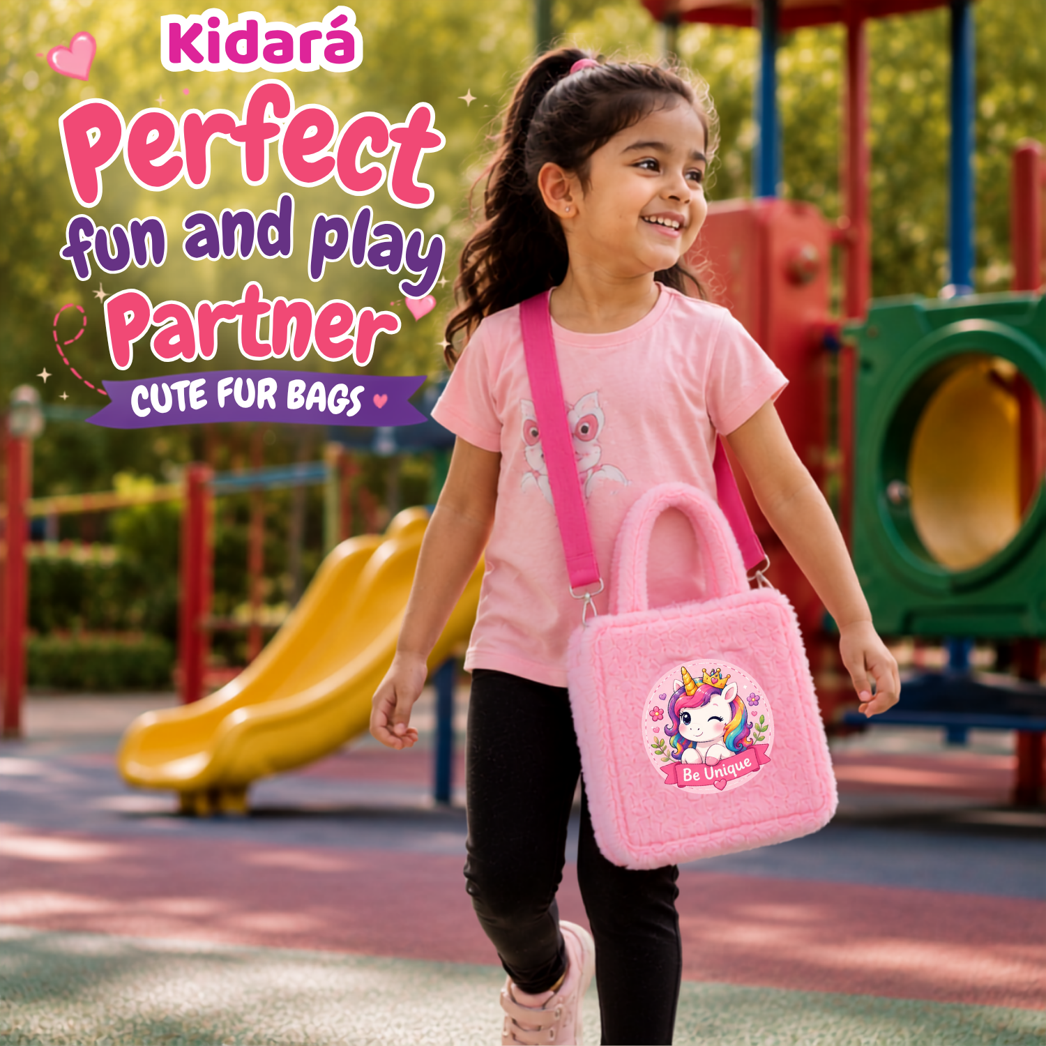 Kidara Winking Be Unique Unicorn Fur Kids Sling Bag (Pink)