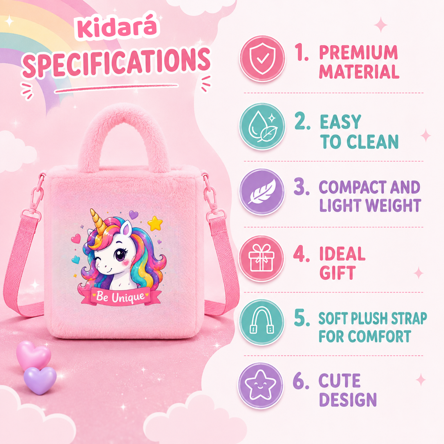 Kidara Heart Cheek Unicorn Fur Kids Sling Bag (Pink)