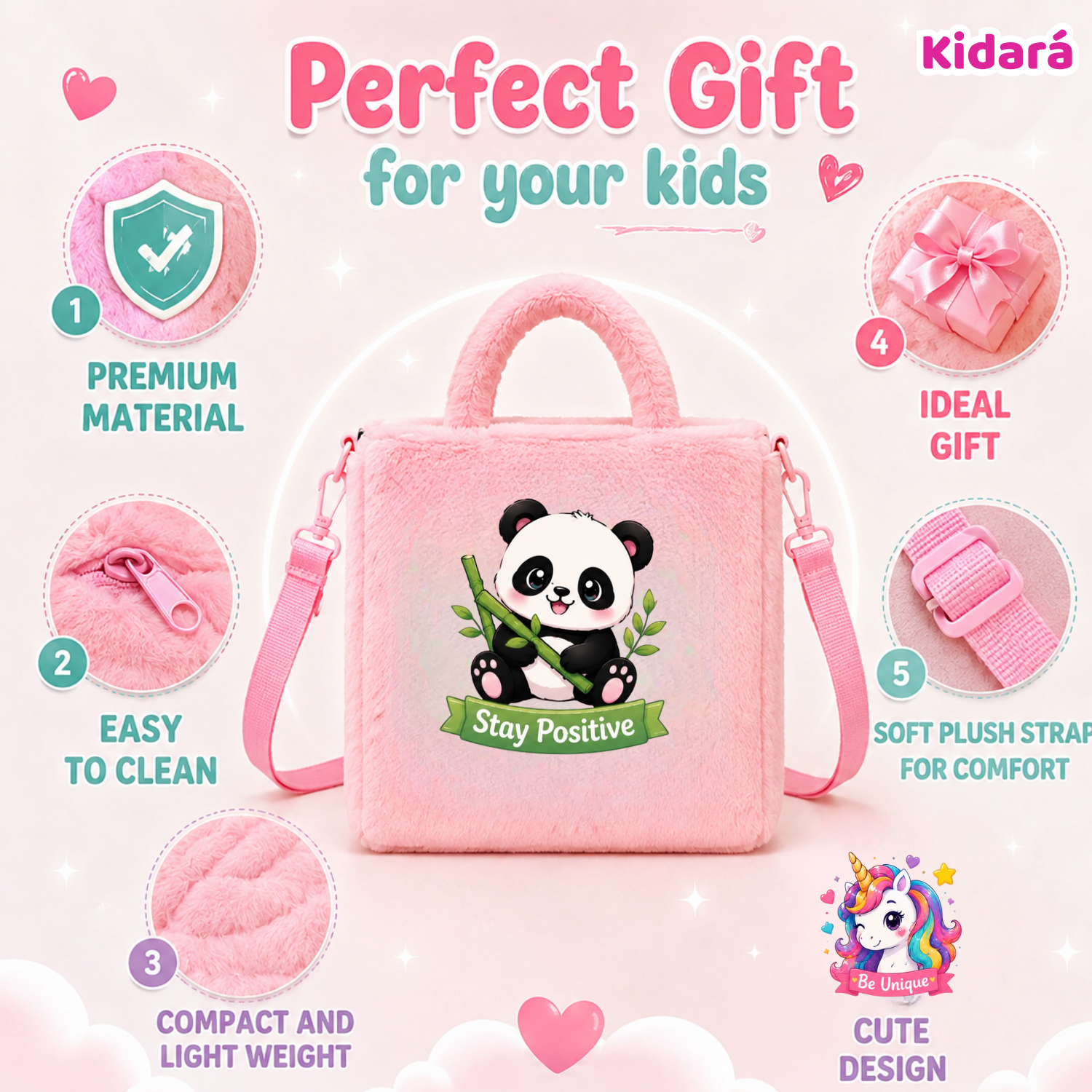 Kidara Stay Positive Panda Fur Kids Sling Bag (Pink)