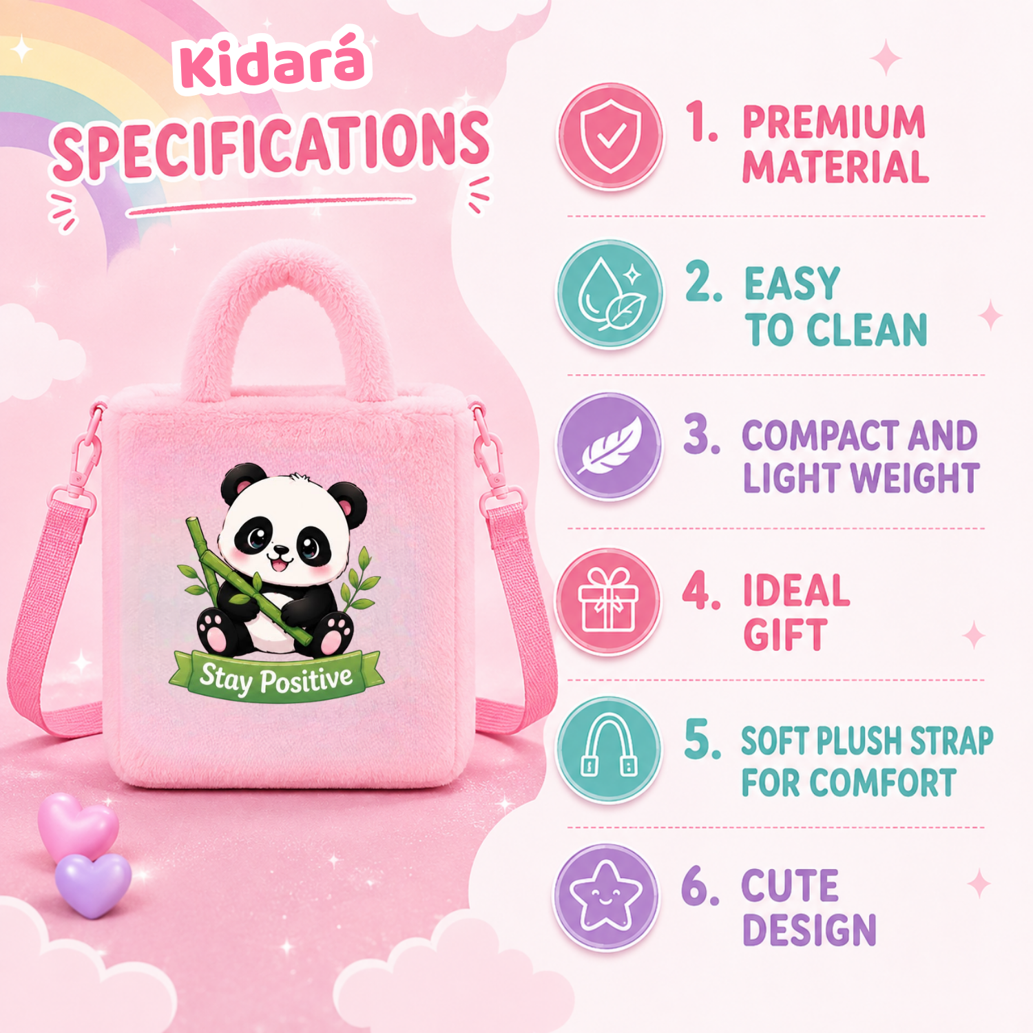 Kidara Stay Positive Panda Fur Kids Sling Bag (Pink)