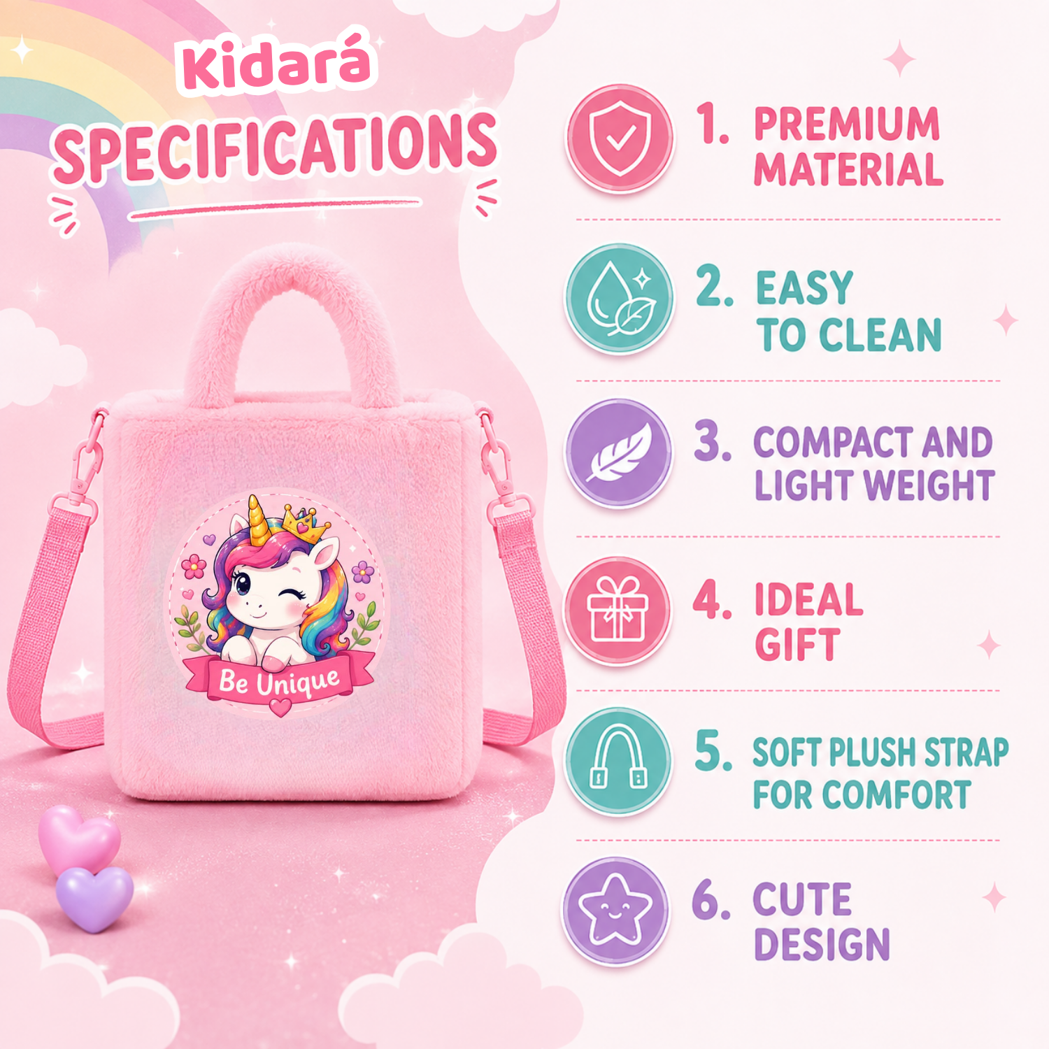 Kidara Winking Be Unique Unicorn Fur Kids Sling Bag (Pink)