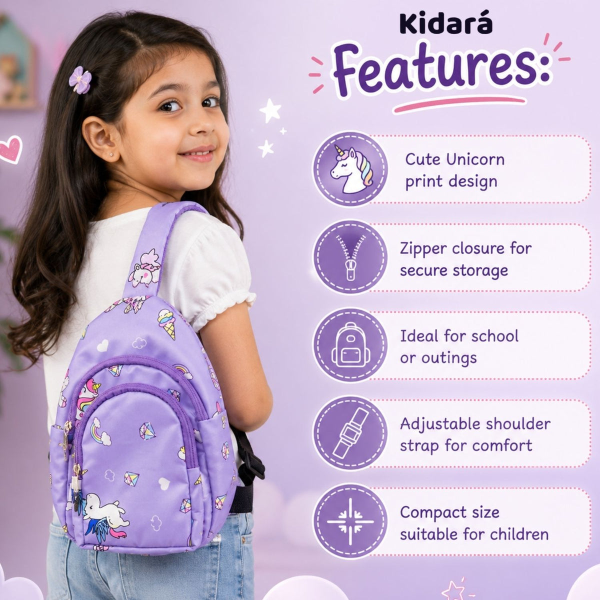 Kidara Unicorn Chest Kids Sling Bag (Purple)