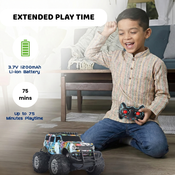 Kidara Remote Control Off-Road Car | Rechargeable Monster Truck with 4 Headlight Modes (Graffiti Blue)