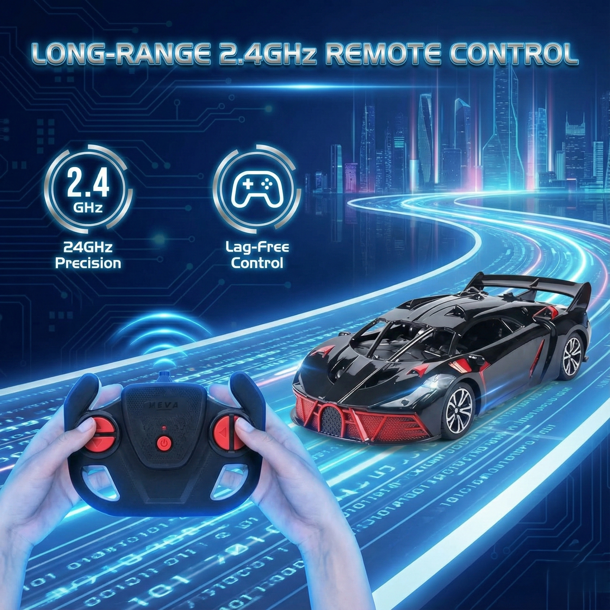 Kidara High-Speed RC Car | Rechargeable with LED Lights & Type-C Charging (Black & Red)